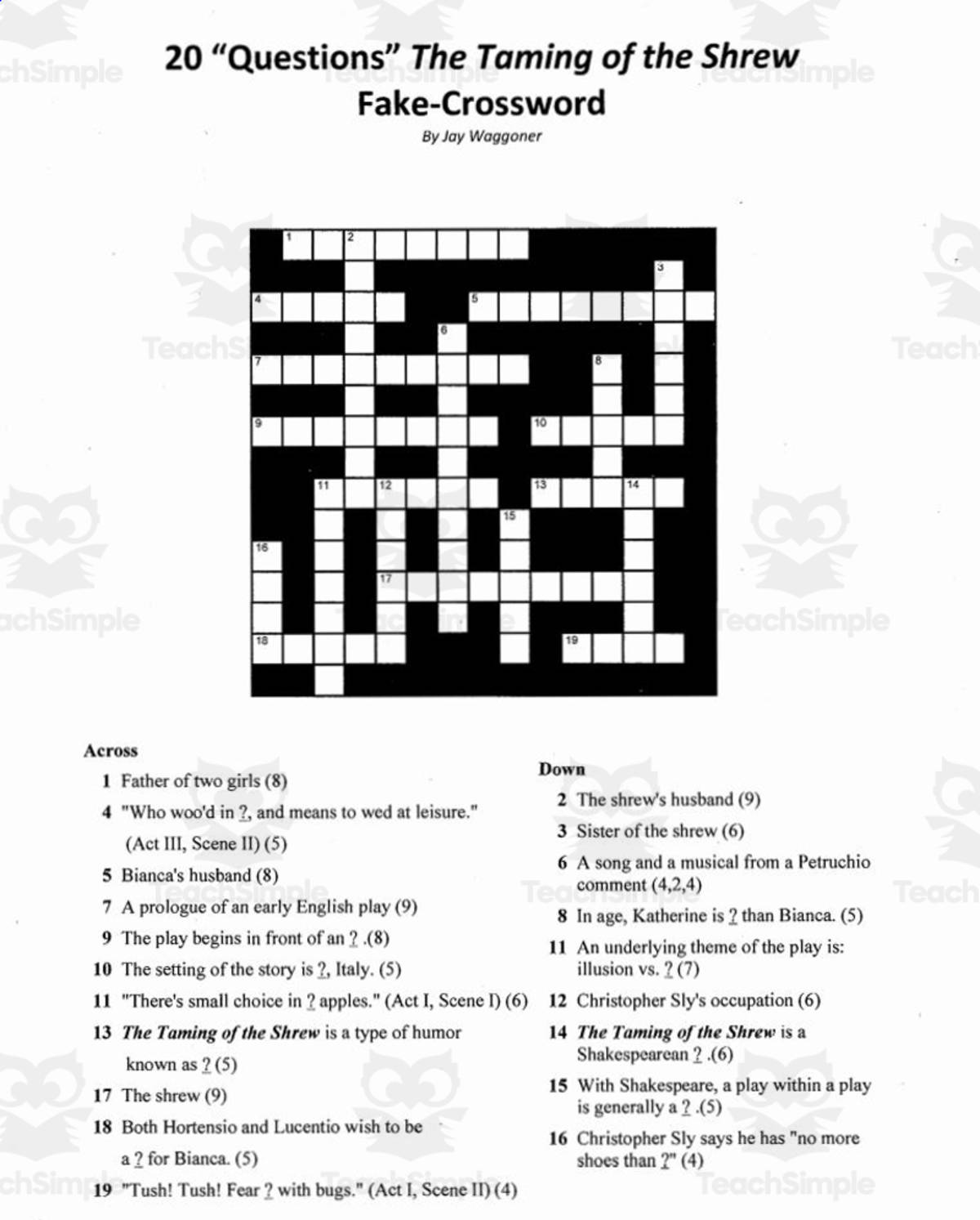 An educational teaching resource from Jay Waggoner entitled Pseudo Crossword: 20 Questions Taming of the Shrew downloadable at Teach Simple.