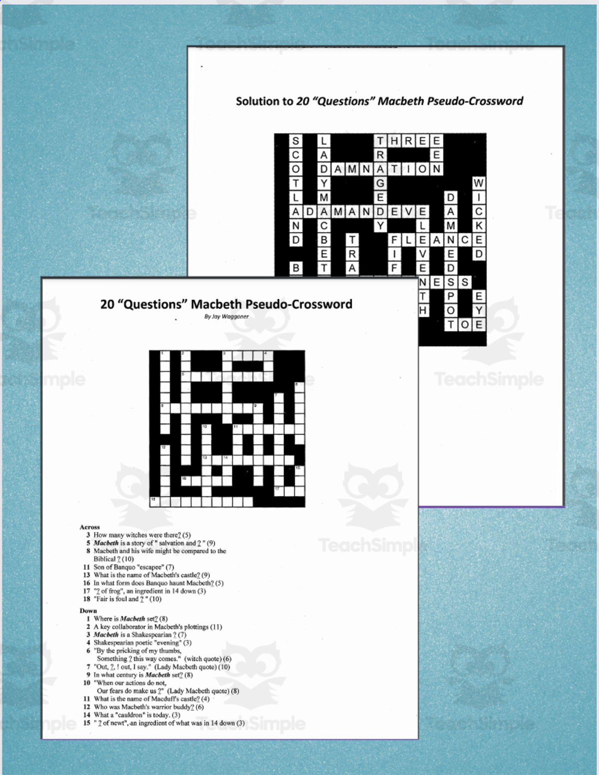 An educational teaching resource from Jay Waggoner entitled Pseudo Crosswords: 20 Questions - Macbeth downloadable at Teach Simple.