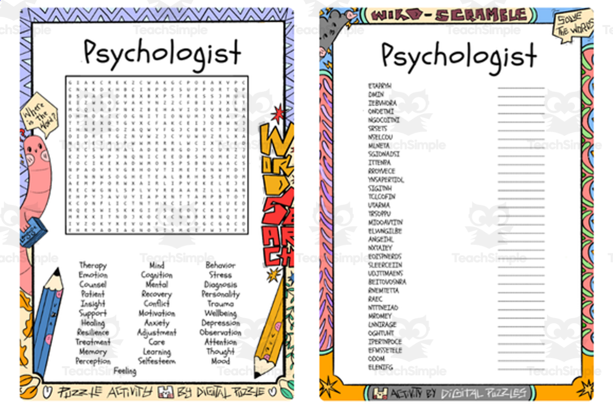 An educational teaching resource from Lapiiin Art Activities entitled Psychologist word search & scramble downloadable at Teach Simple.