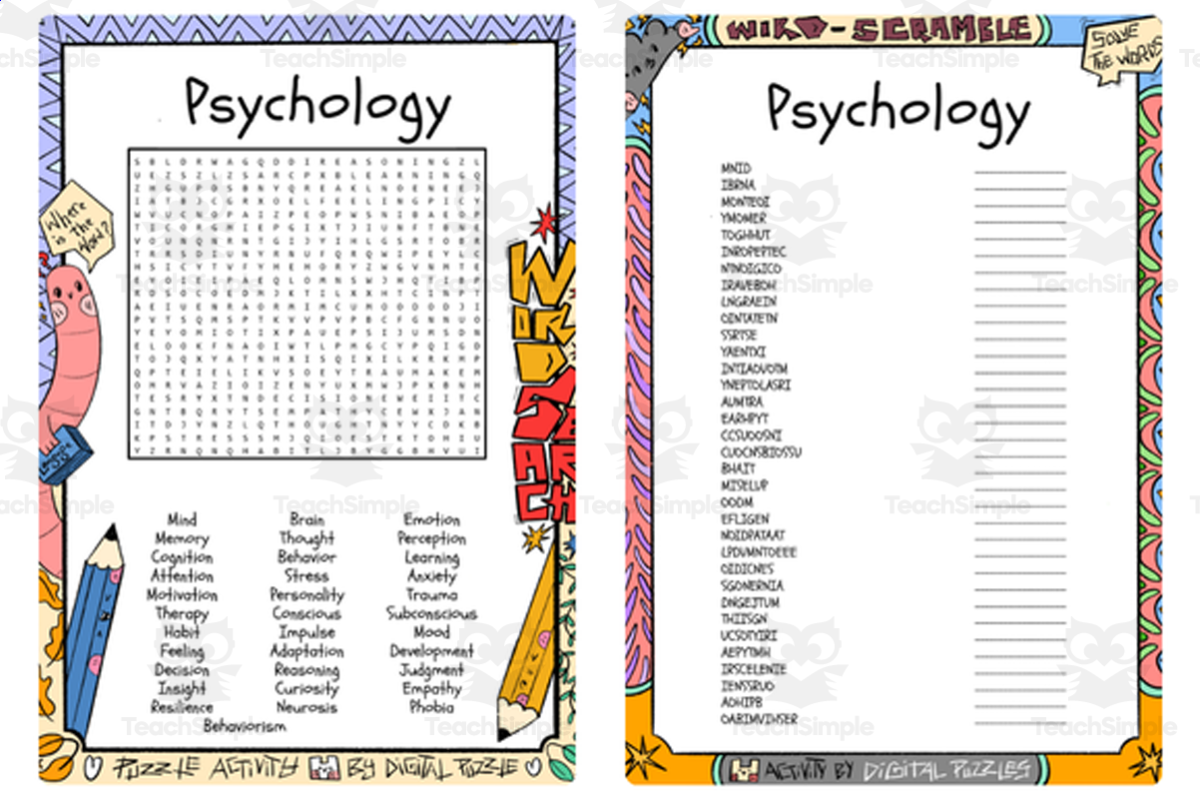 An educational teaching resource from Lapiiin Art Activities entitled Psychology word search & scramble downloadable at Teach Simple.