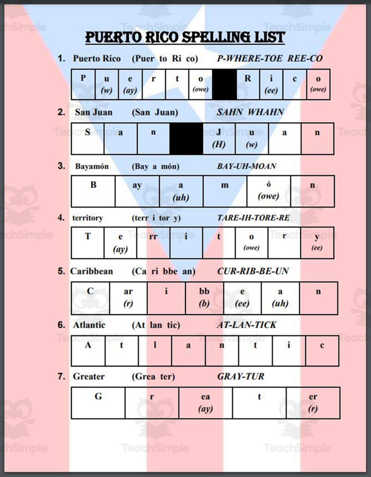 An educational teaching resource from Mr. Matthews Teacher Store entitled Puerto Rico Spelling List downloadable at Teach Simple.