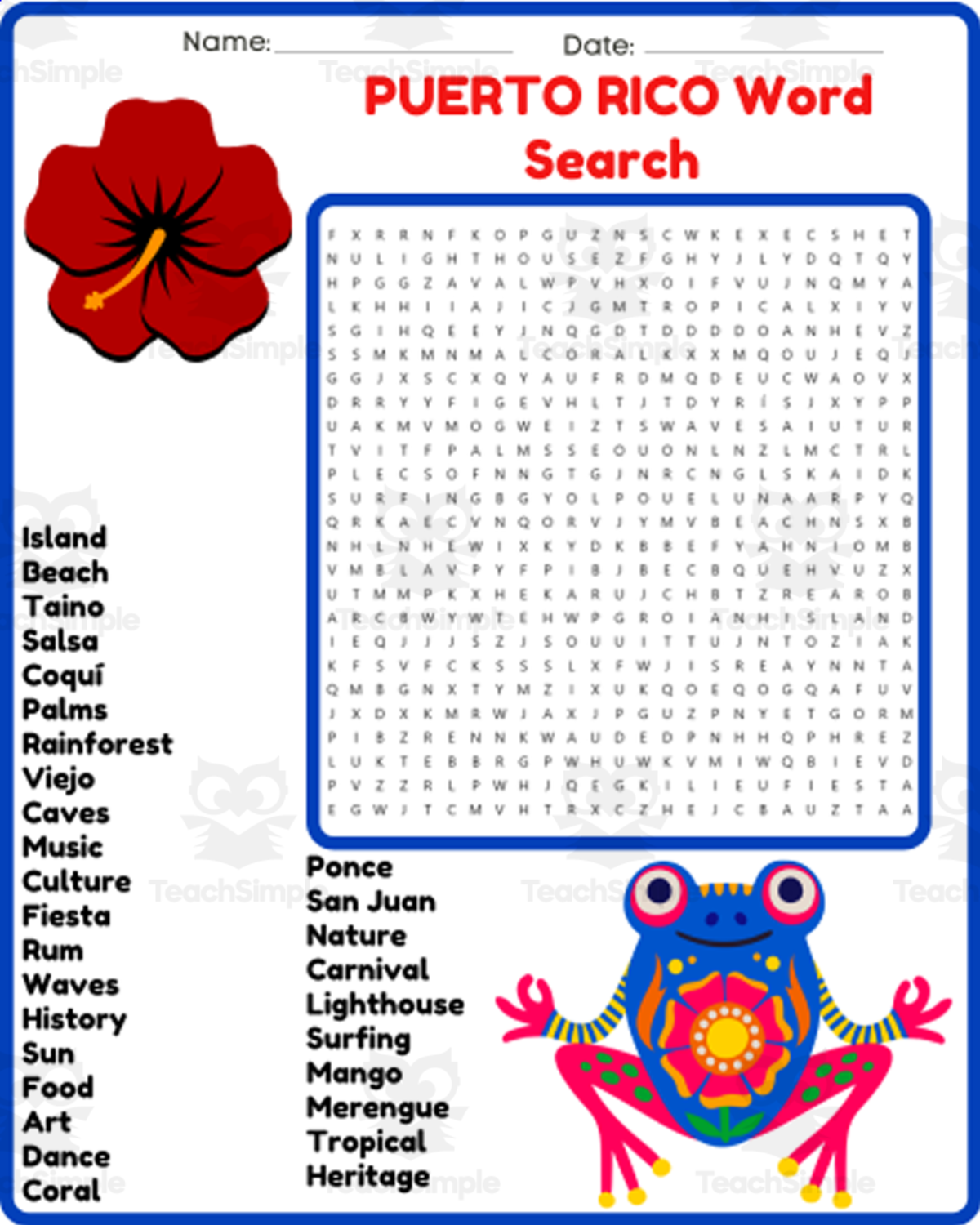 An educational teaching resource from space shope entitled PUERTO RICO Word Search Puzzle Worksheet Activity downloadable at Teach Simple.