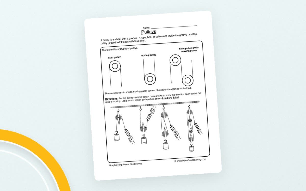 An educational teaching resource from Have Fun Teaching entitled Pulleys Worksheet downloadable at Teach Simple.