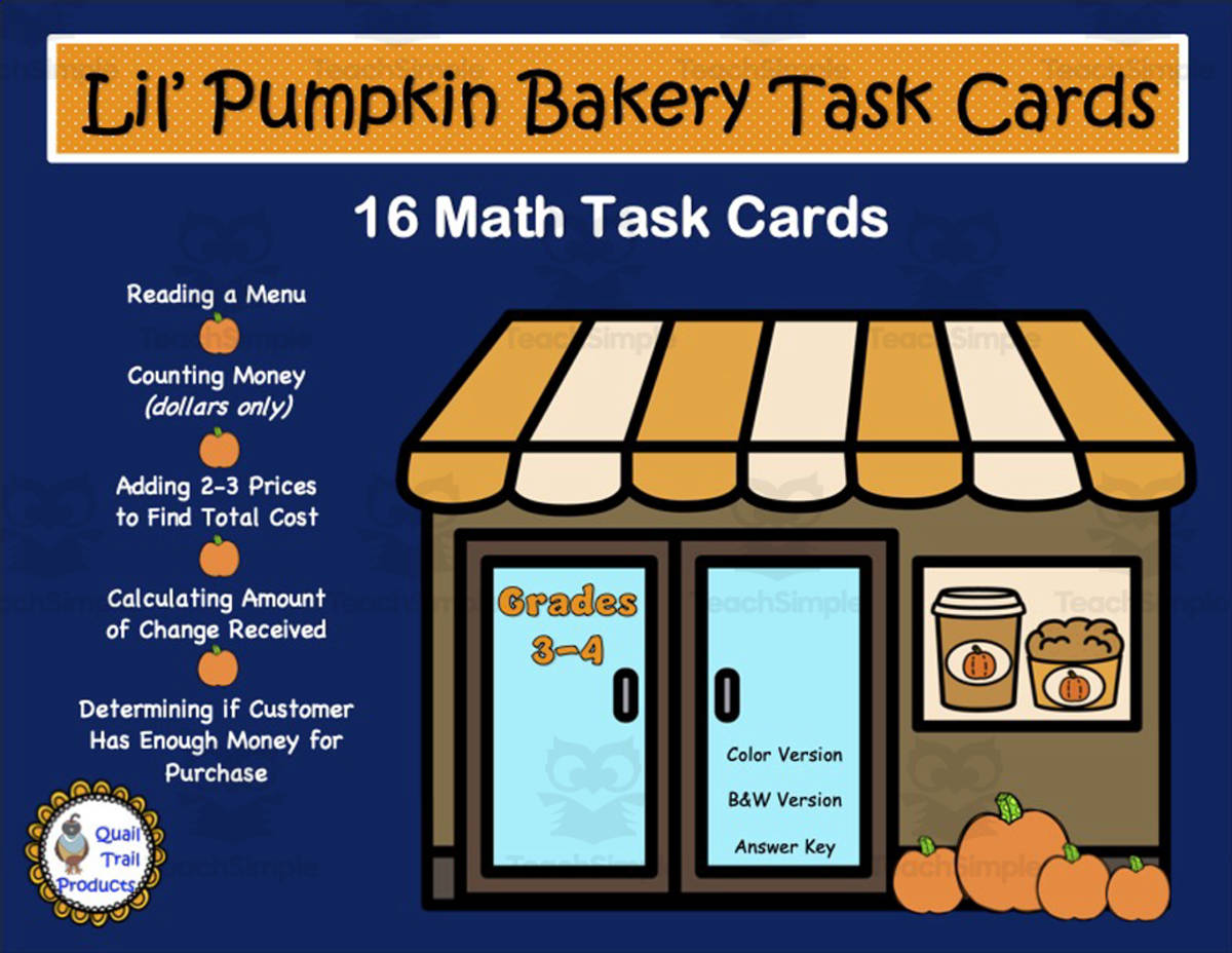 An educational teaching resource from Quail Trail Products entitled Pumpkin Bakery Math Task Cards - Money Skills downloadable at Teach Simple.