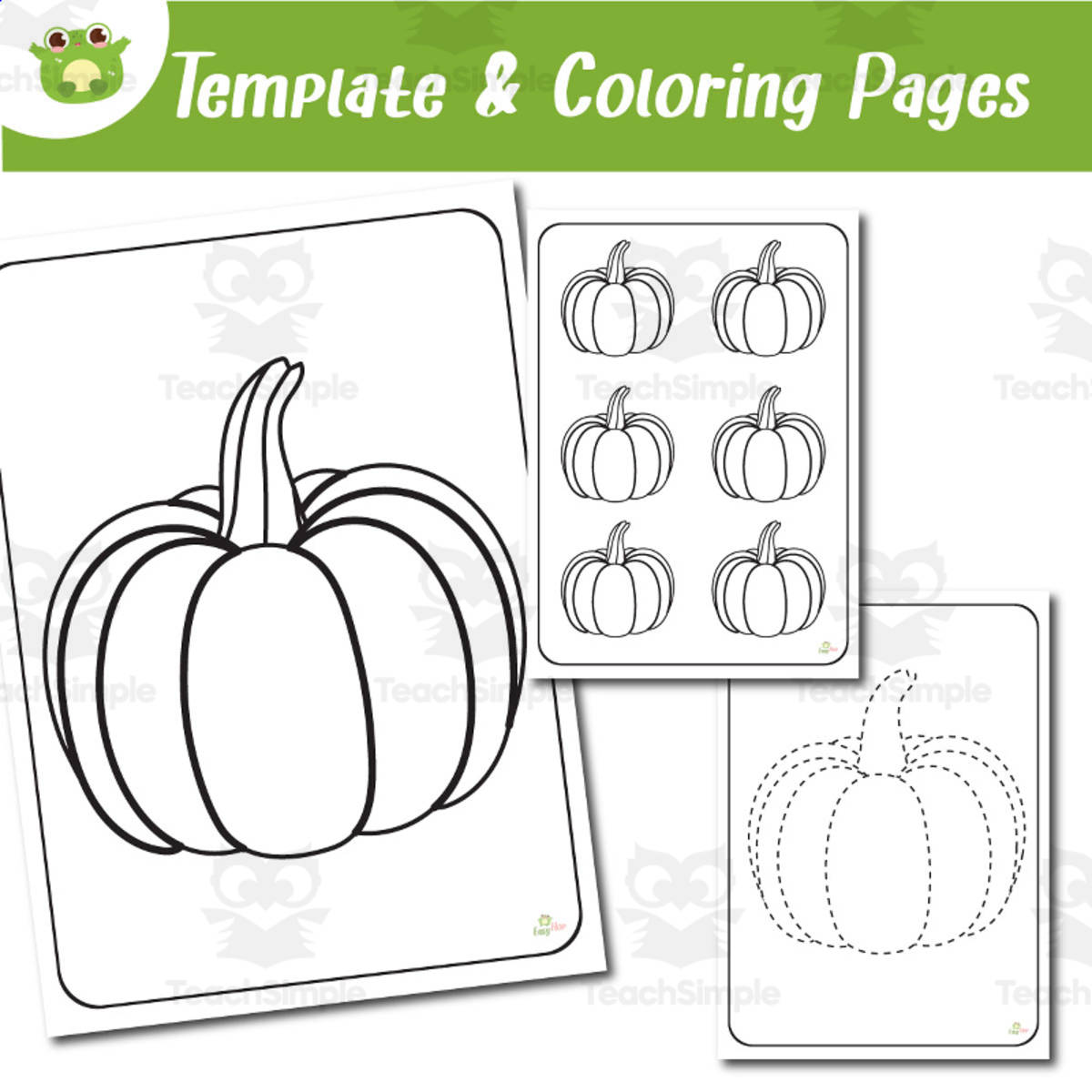 An educational teaching resource from EasyHop entitled Pumpkin Coloring, Template & Tracing Pages | Fall Printable for Kids | downloadable at Teach Simple.