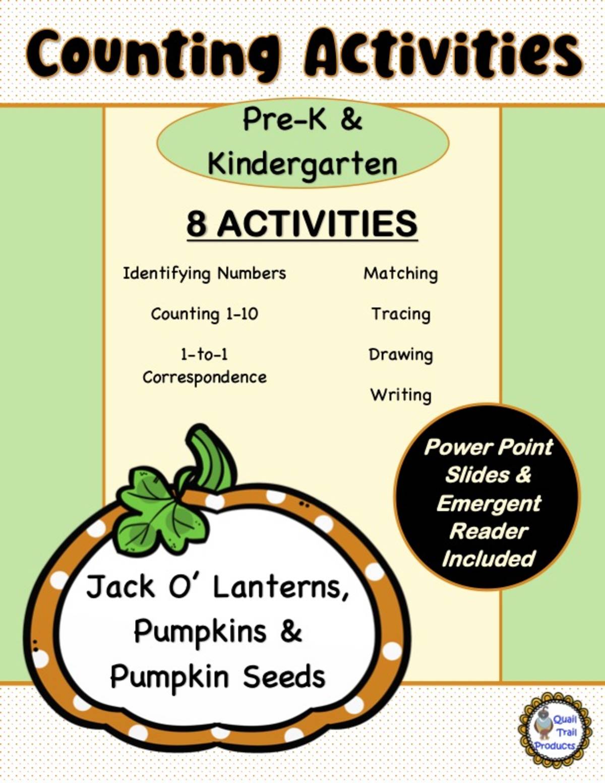 An educational teaching resource from Quail Trail Products entitled Pumpkin Counting 1-10 Activities downloadable at Teach Simple.