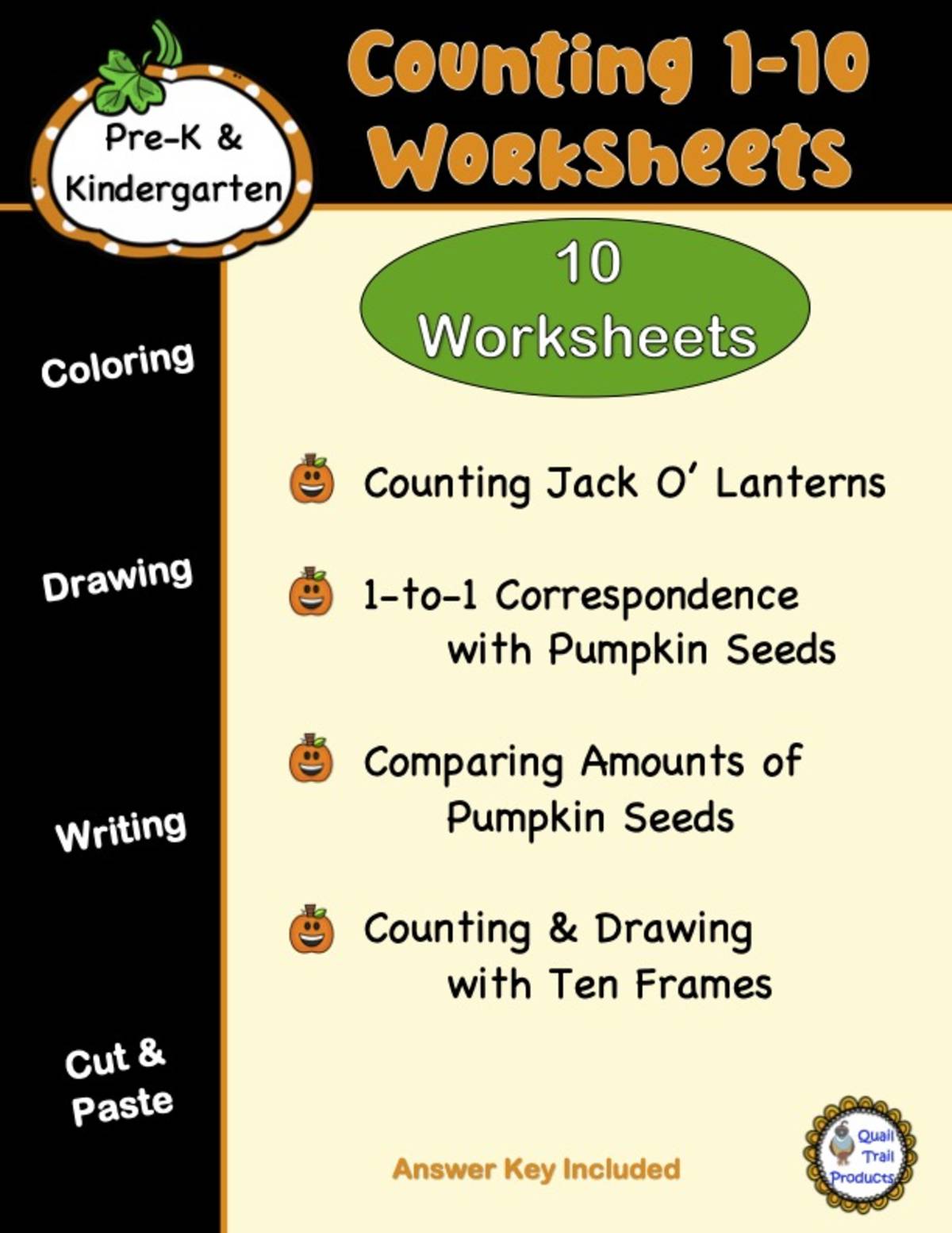 An educational teaching resource from Quail Trail Products entitled Pumpkin Counting 1-10 Worksheets downloadable at Teach Simple.