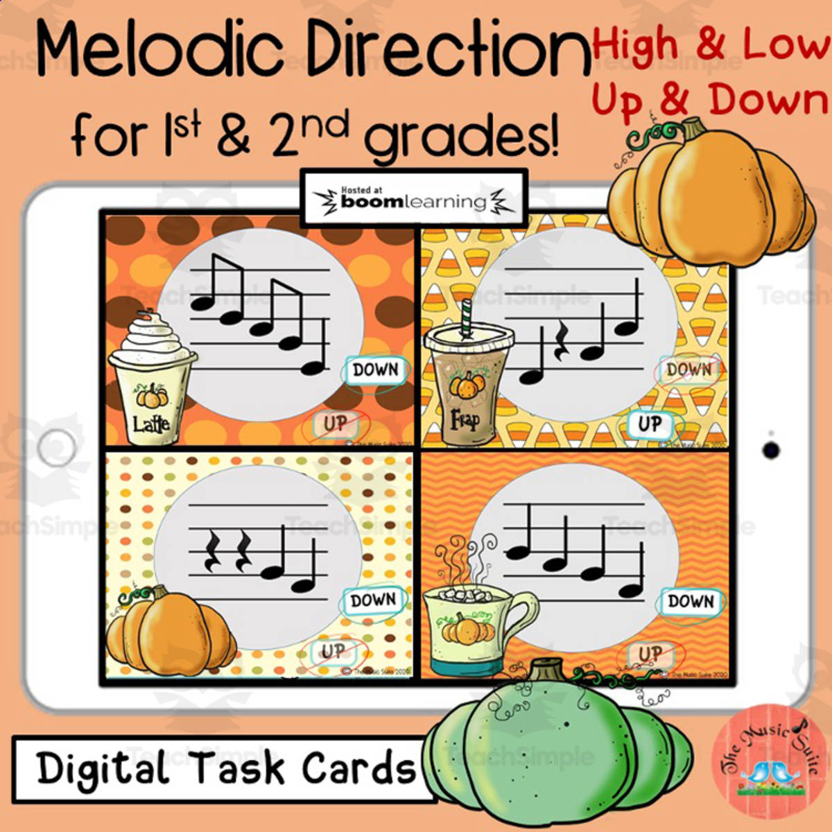 An educational teaching resource from The Music Suite entitled Pumpkin Fun Melodic Direction Task Cards downloadable at Teach Simple.