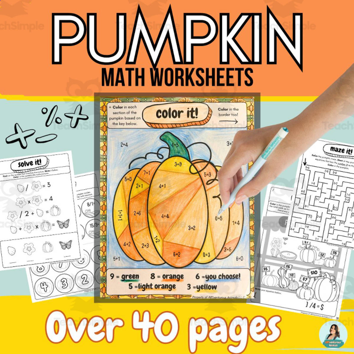 An educational teaching resource from ARTventurousanimals entitled Pumpkin Math Worksheets for Arithmetic - Easy to Use Activities downloadable at Teach Simple.