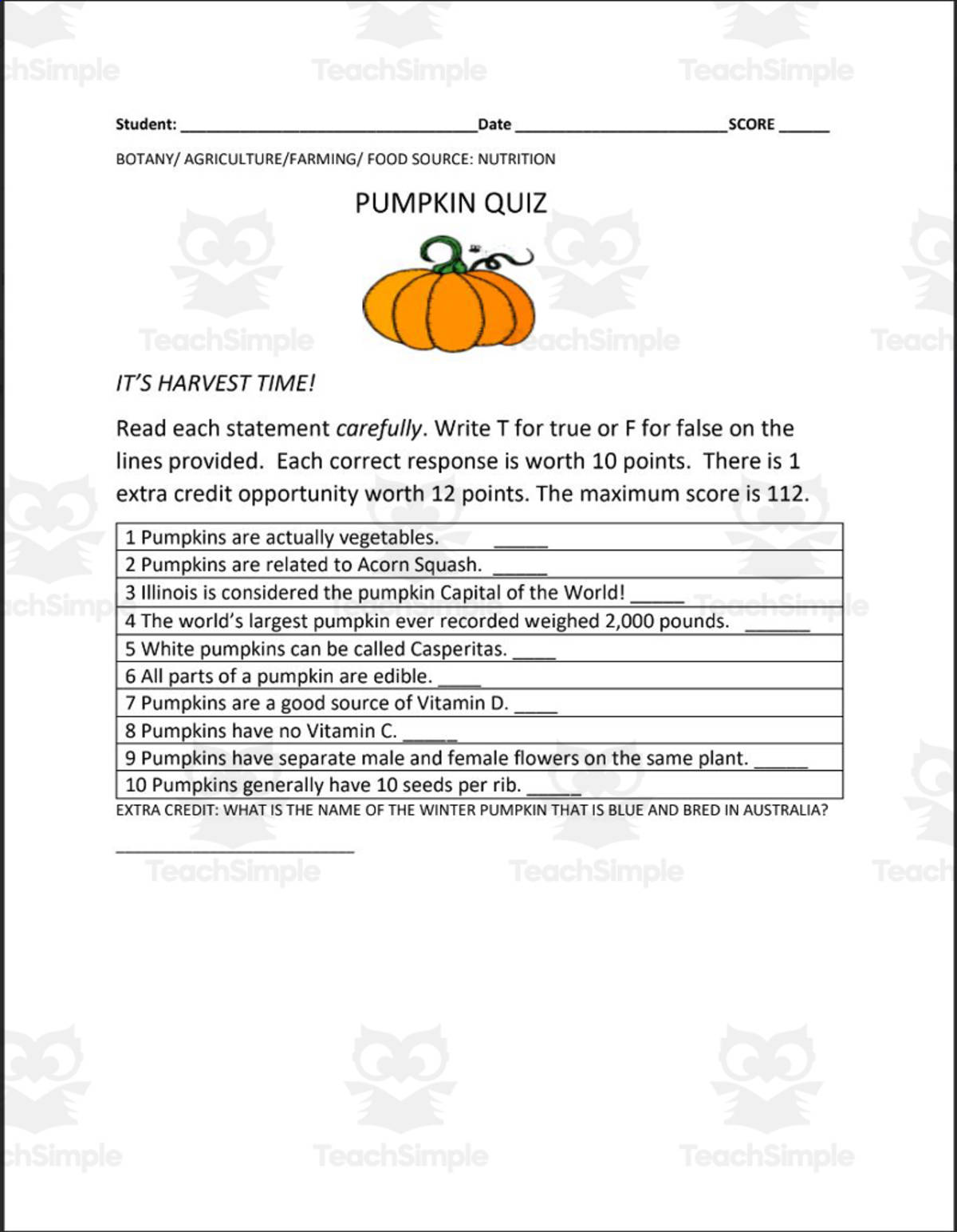 An educational teaching resource from THE LANTERN OF KNOWLEDGE entitled Pumpkin Quiz downloadable at Teach Simple.
