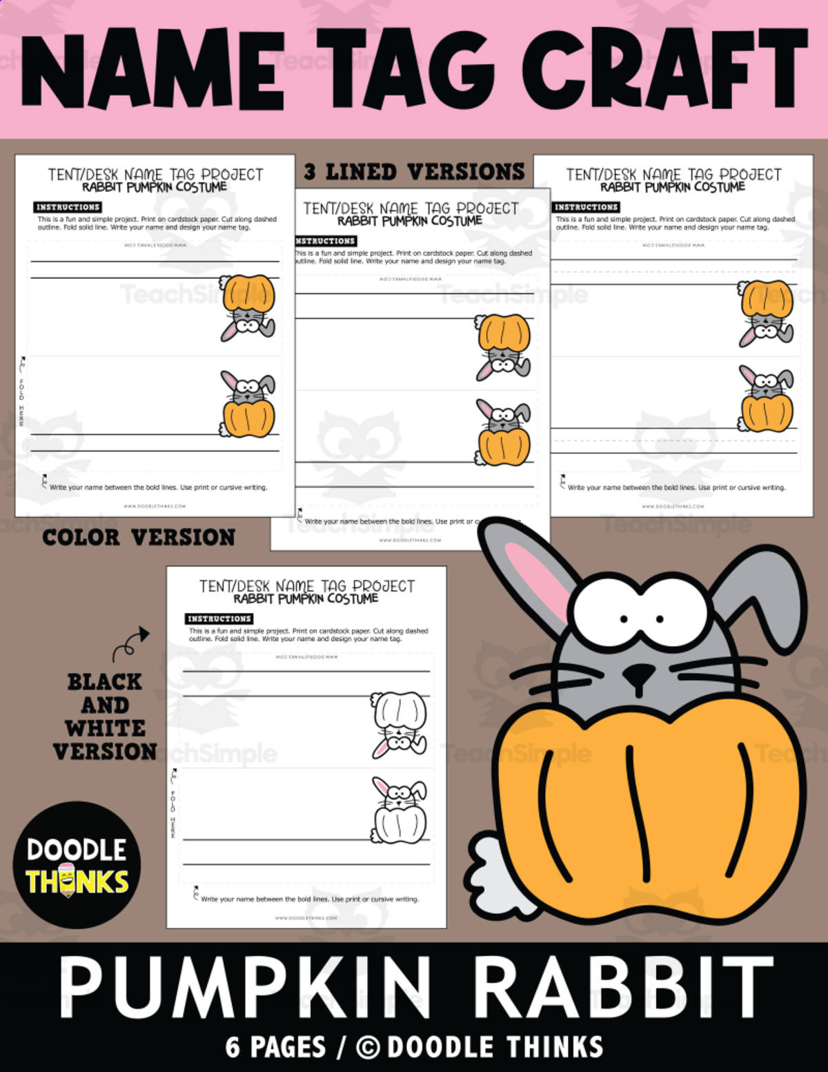 An educational teaching resource from Doodle Thinks entitled Pumpkin Rabbit Desk Name Tag Project downloadable at Teach Simple.