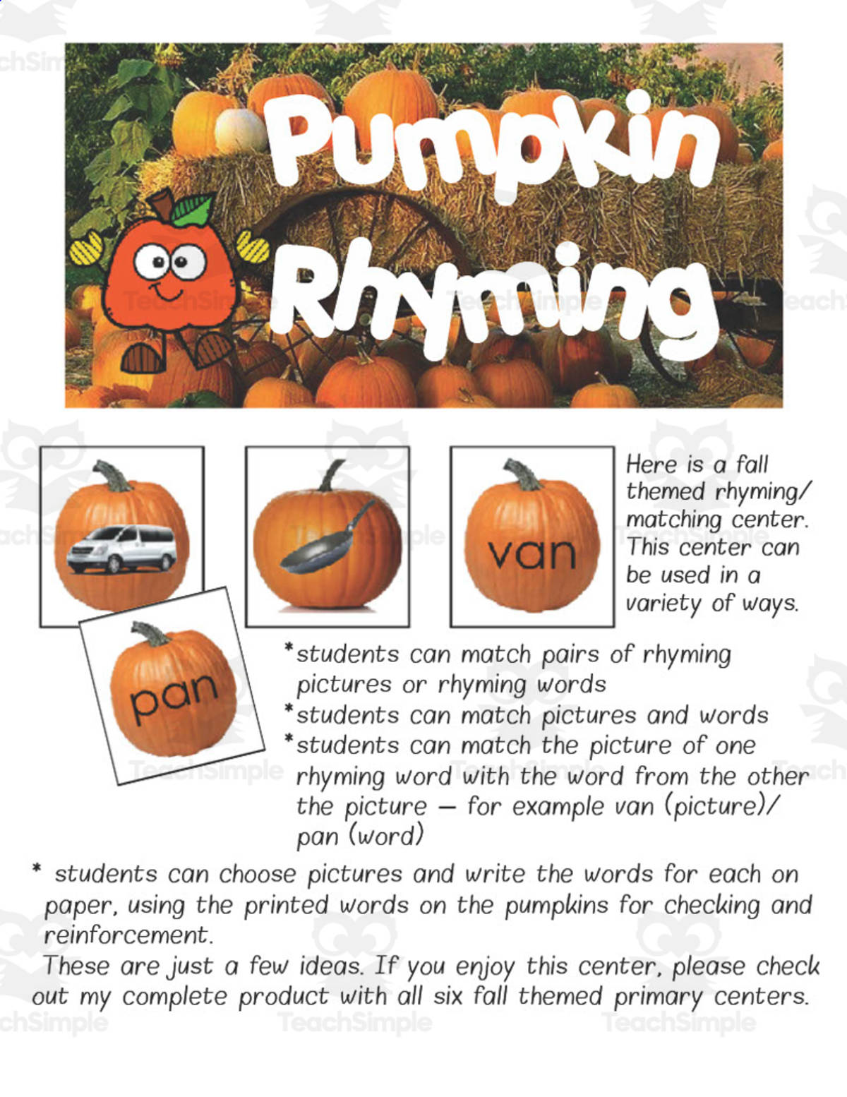 An educational teaching resource from Easy Peasy Primary Resources entitled Pumpkin Rhyming Activity downloadable at Teach Simple.