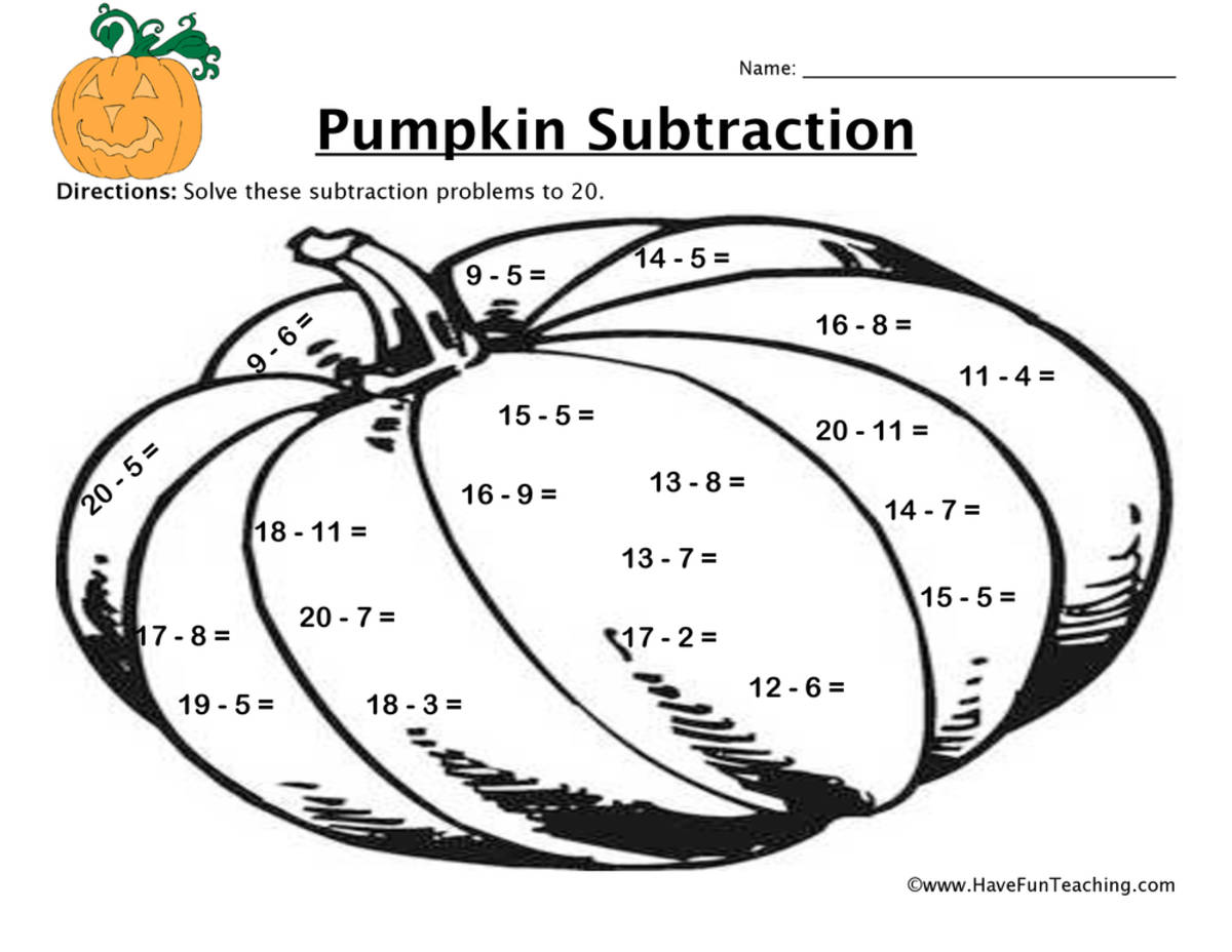 An educational teaching resource from Have Fun Teaching entitled Pumpkin Subtraction Worksheet downloadable at Teach Simple.
