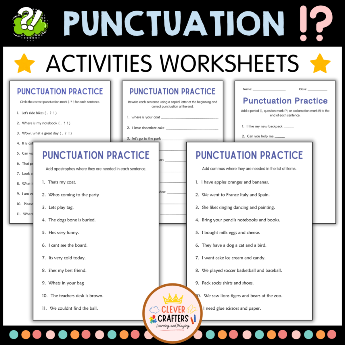 An educational teaching resource from Clever Crafters entitled Punctuation Practice Worksheets - Periods, Question Marks, Exclamation downloadable at Teach Simple.