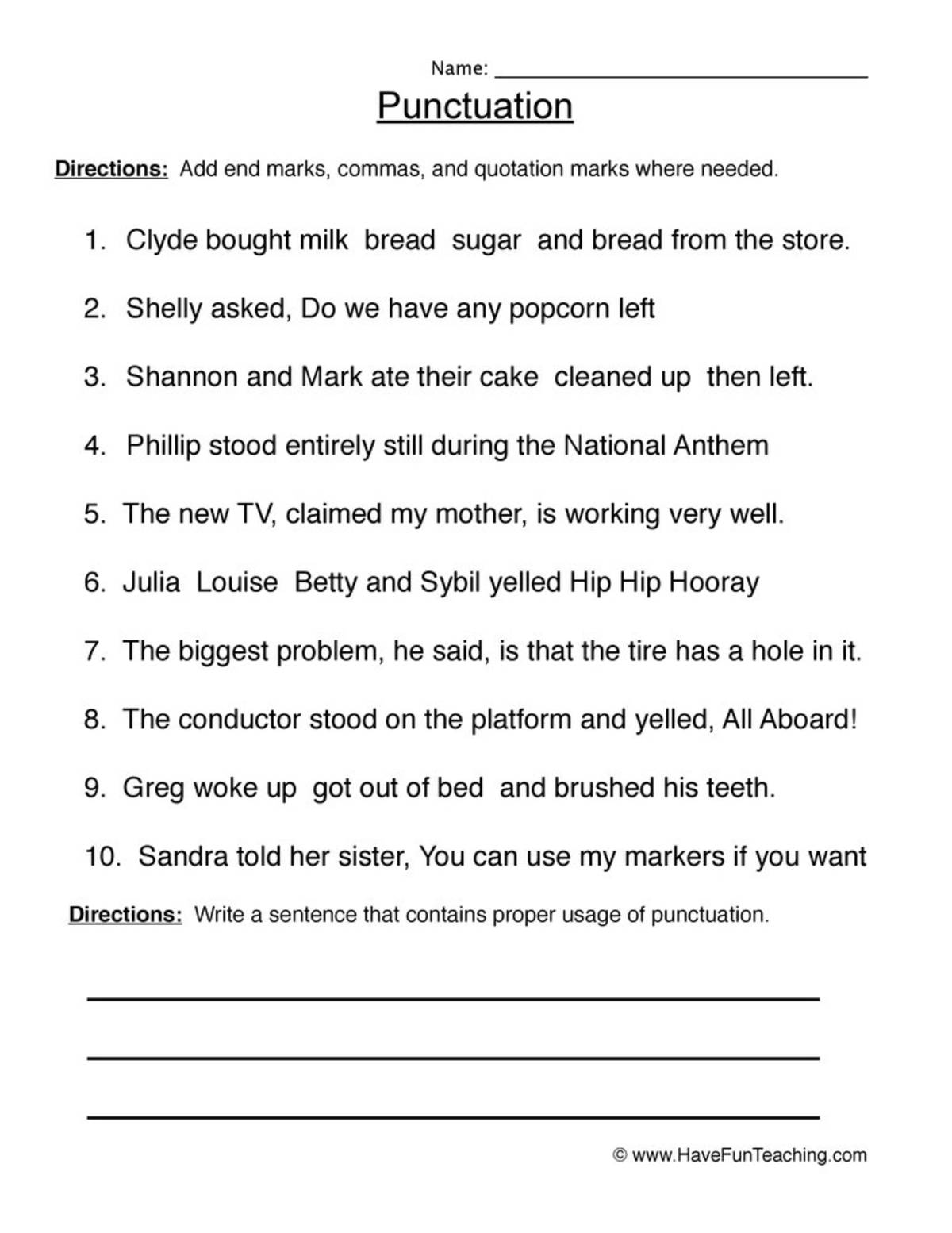 An educational teaching resource from Have Fun Teaching entitled Punctuation Review Worksheet downloadable at Teach Simple.