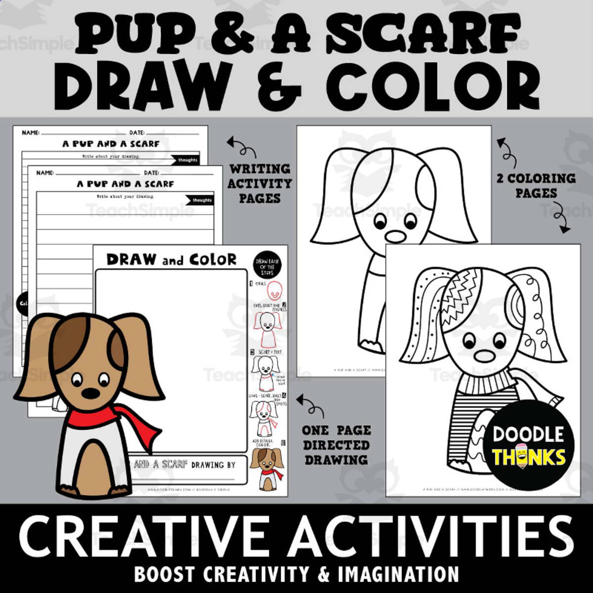 An educational teaching resource from Doodle Thinks entitled Pup and a Scarf Draw and Color Creative Activities downloadable at Teach Simple.