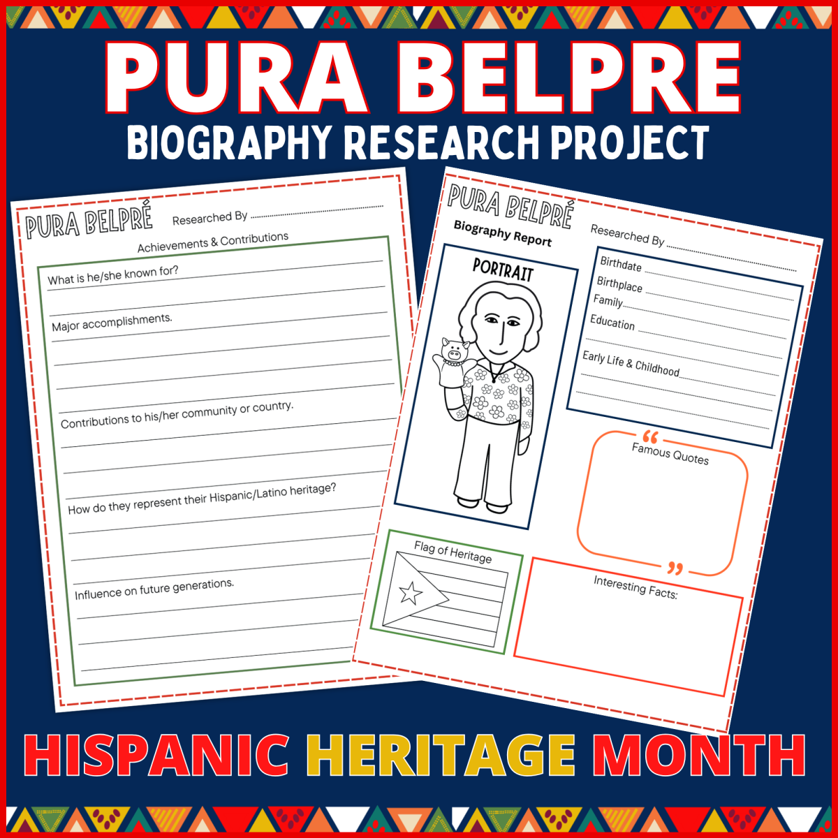 An educational teaching resource from Perfect_Printables entitled Pura Belpre Biography research project hispanic heritage month downloadable at Teach Simple.
