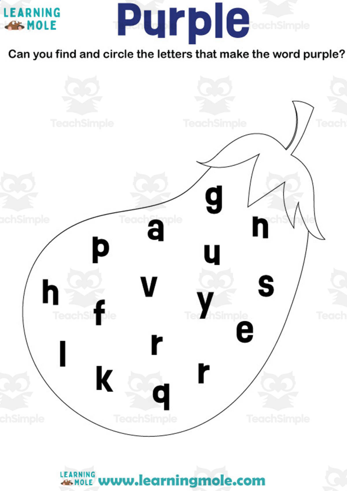 An educational teaching resource from Educational Voice entitled Purple Activity downloadable at Teach Simple.