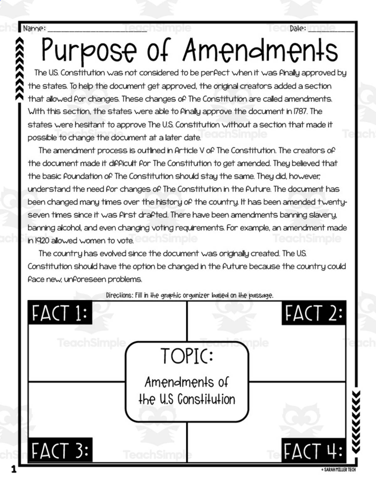 An educational teaching resource from Sarah Miller Tech entitled Purpose of Amendments Reading Packet downloadable at Teach Simple.