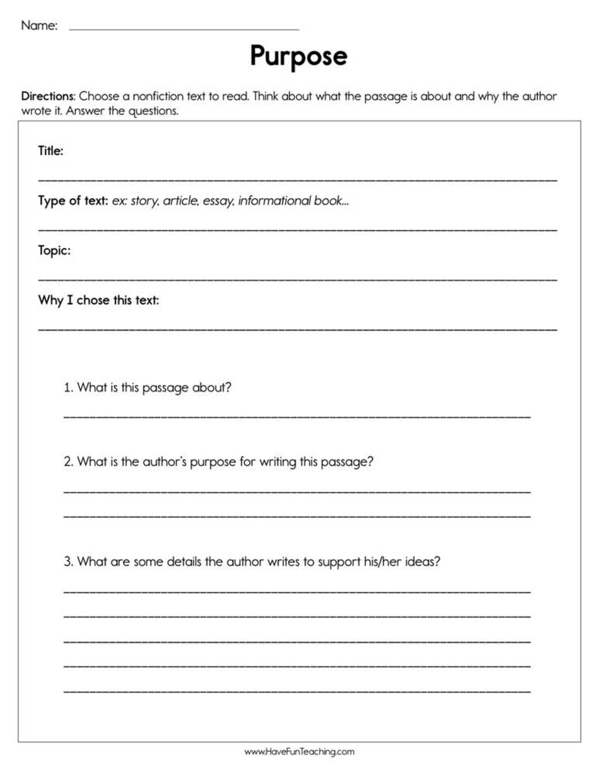 An educational teaching resource from Have Fun Teaching entitled Purpose Worksheet downloadable at Teach Simple.