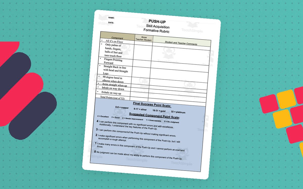An educational teaching resource from Gems from the Gym entitled Push-Up Rubric downloadable at Teach Simple.