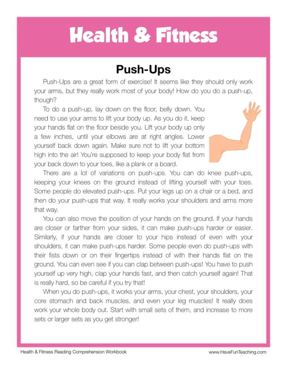 An educational teaching resource from Have Fun Teaching entitled Push Ups Health and Fitness Reading Comprehension Worksheet downloadable at Teach Simple.