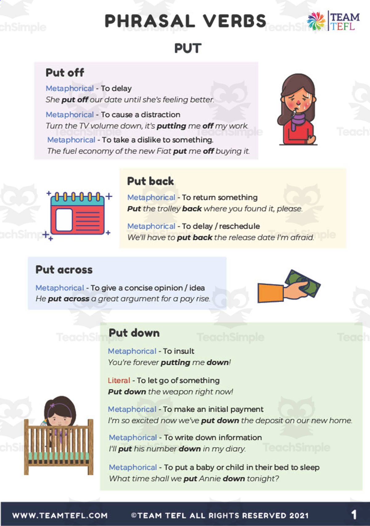 An educational teaching resource from TEAM TEFL entitled Put | Phrasal Verbs Exercises downloadable at Teach Simple.