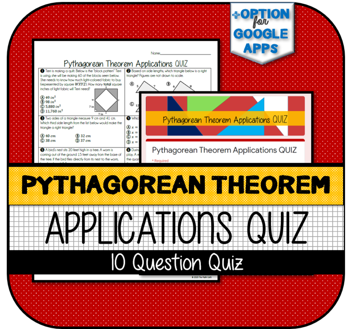 An educational teaching resource from The Math Cafe entitled Pythagorean Theorem Applications QUIZ downloadable at Teach Simple.