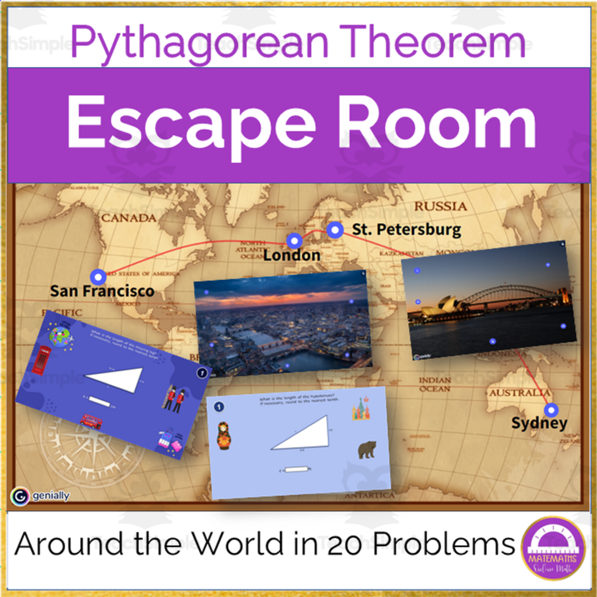 An educational teaching resource from Matemaths entitled Pythagorean Theorem | Around the World in 20 Problems, Digital Escape Room downloadable at Teach Simple.