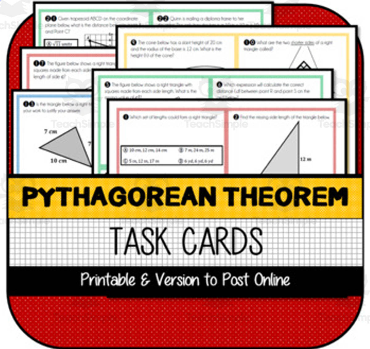 An educational teaching resource from The Math Cafe entitled Pythagorean Theorem TASK CARDS downloadable at Teach Simple.