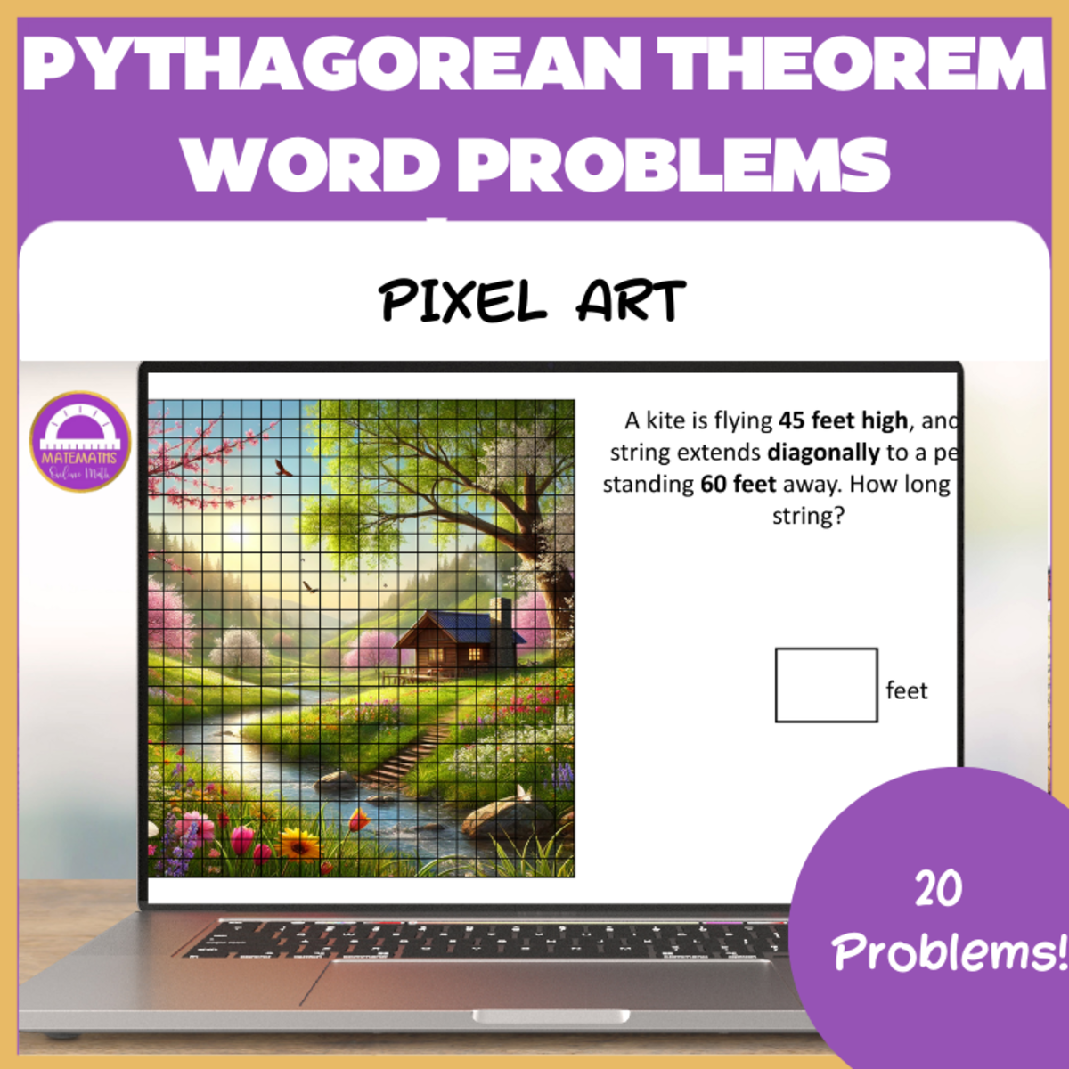 An educational teaching resource from Matemaths entitled Pythagorean Theorem Word Problems Pixel Art downloadable at Teach Simple.