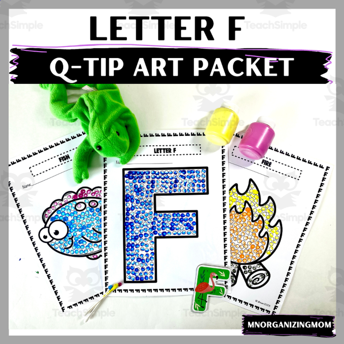 An educational teaching resource from mnorganizingmom entitled Q-Tip Art Packet: Letter F downloadable at Teach Simple.