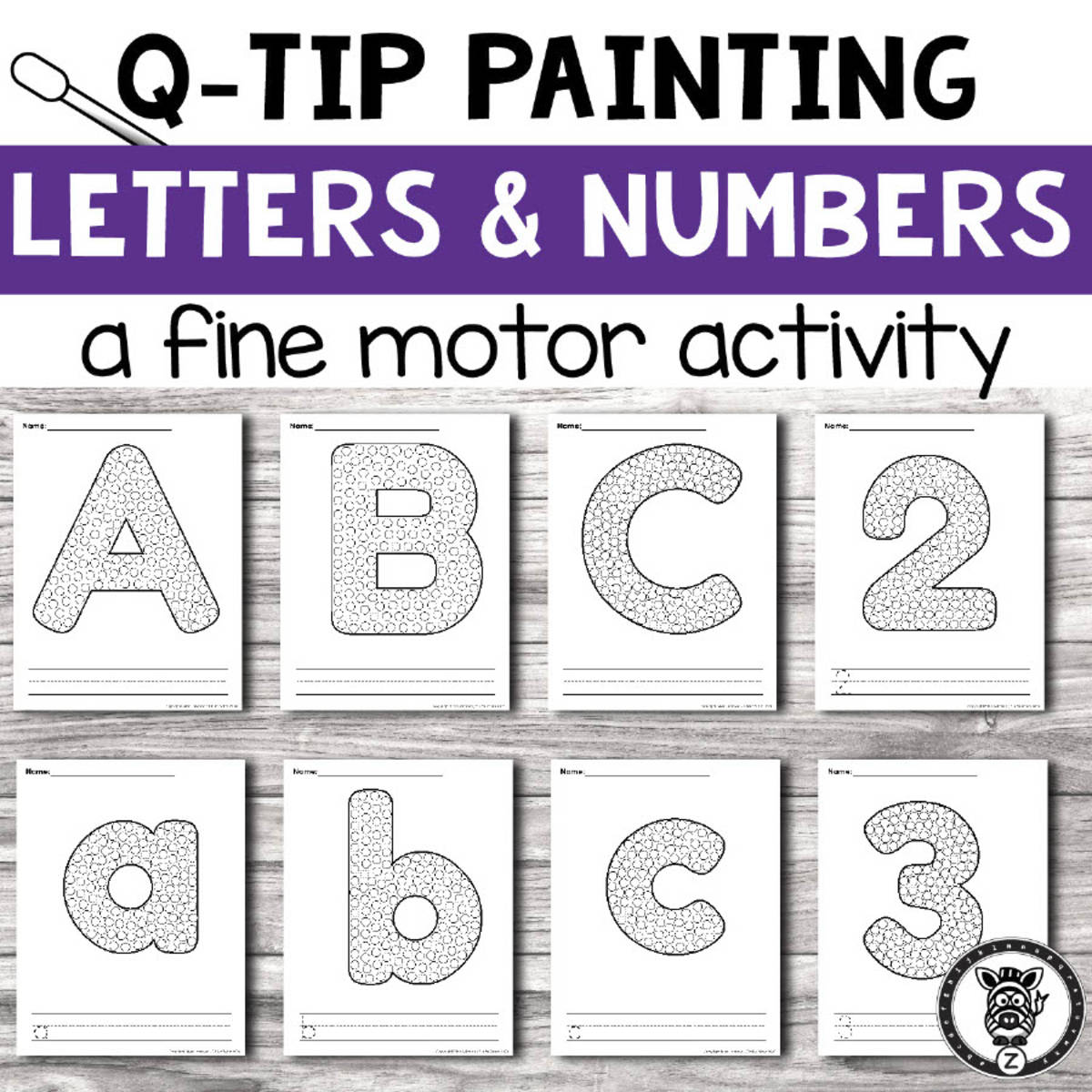 An educational teaching resource from Z is for Zebra entitled Q-tip Painting: Letters & Numbers downloadable at Teach Simple.