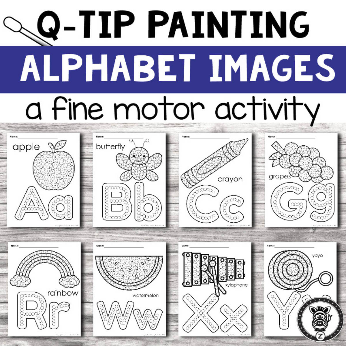 An educational teaching resource from Z is for Zebra entitled Q-Tip Painting – Letters & Objects (26 Pages) downloadable at Teach Simple.