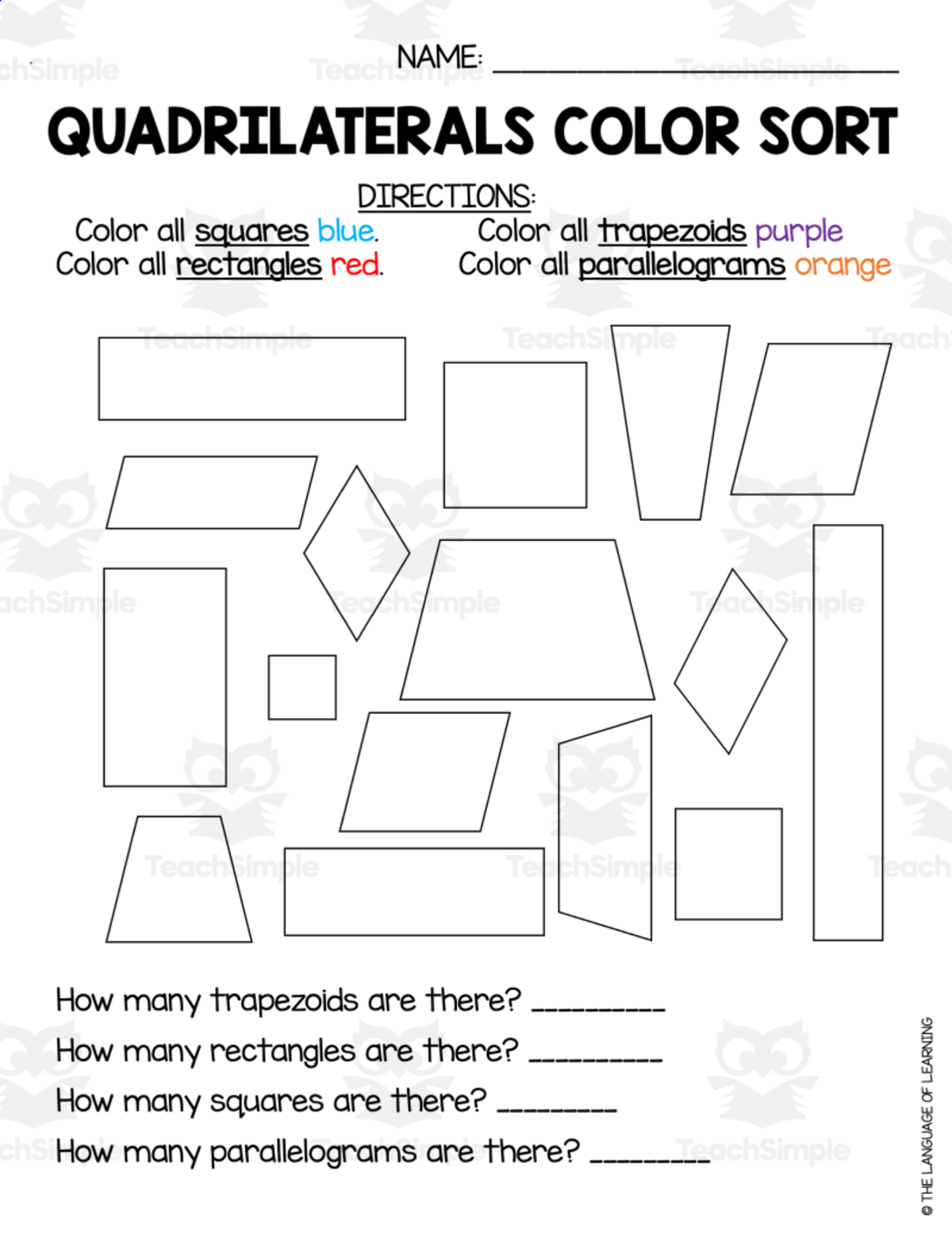 An educational teaching resource from The Language of Learning entitled Quadrilaterals Color Sort Worksheet downloadable at Teach Simple.