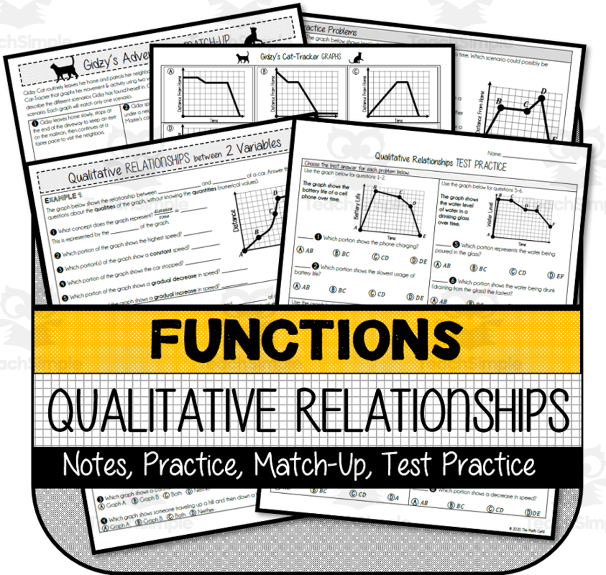 An educational teaching resource from The Math Cafe entitled Qualitative Relationships between Two Variables NOTES & PRACTICE downloadable at Teach Simple.