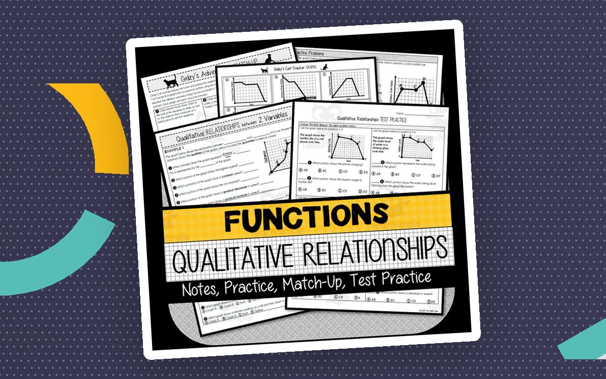 An educational teaching resource from The Math Cafe entitled Qualitative Relationships between Two Variables NOTES & PRACTICE downloadable at Teach Simple.