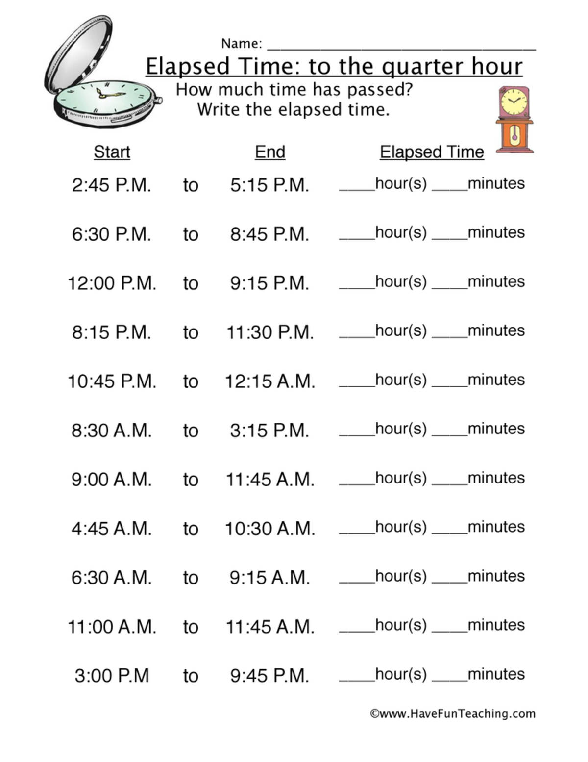 An educational teaching resource from Have Fun Teaching entitled Quarter Hour Elapsed Time Worksheet downloadable at Teach Simple.
