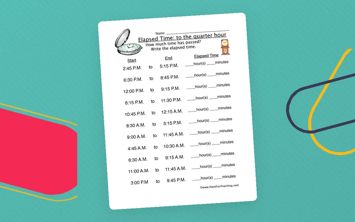An educational teaching resource from Have Fun Teaching entitled Quarter Hour Elapsed Time Worksheet downloadable at Teach Simple.