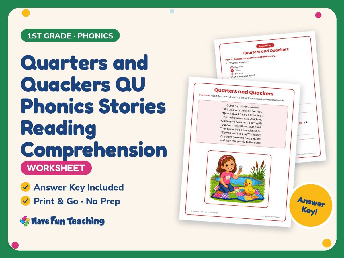 Quarters and Quackers QU Phonics Stories Worksheet – 1st Grade preview