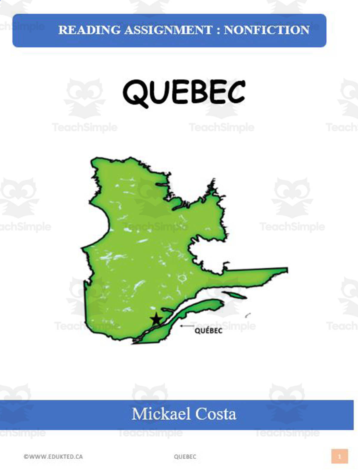 An educational teaching resource from Learn it ANY way entitled Quebec (#1381) downloadable at Teach Simple.