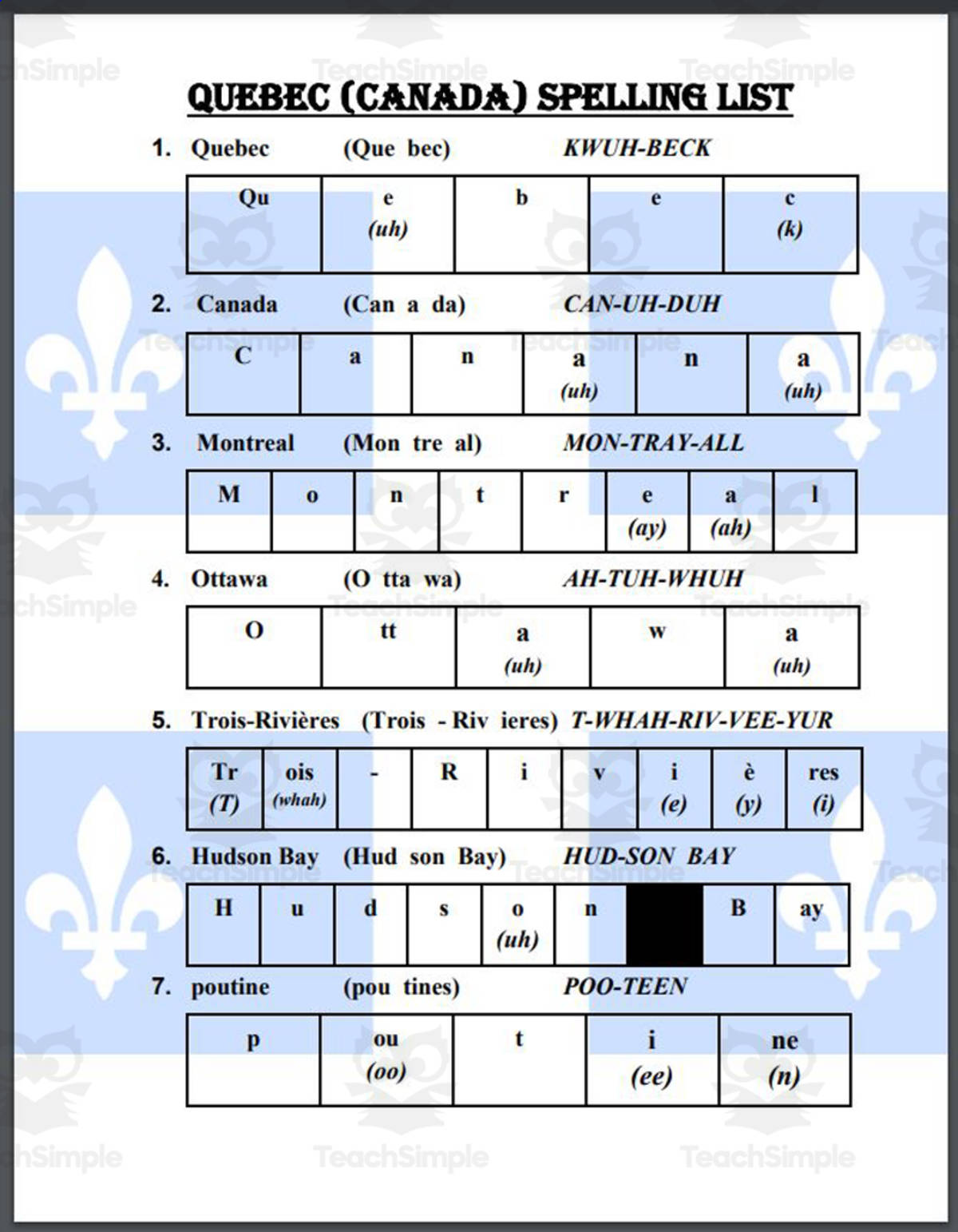 An educational teaching resource from Mr. Matthews Teacher Store entitled Quebec, Canada Spelling List (English and France Versions) downloadable at Teach Simple.