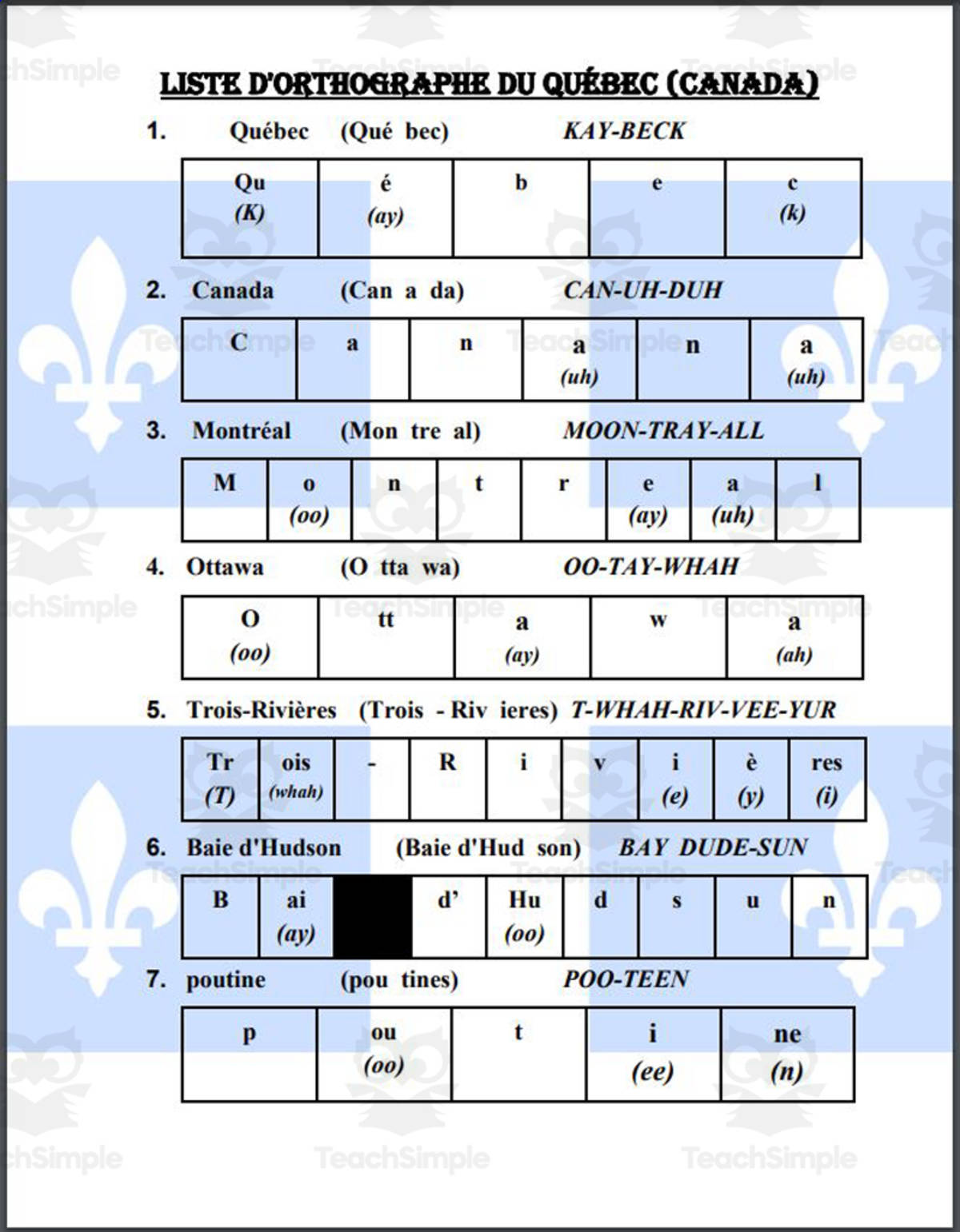 An educational teaching resource from Mr. Matthews Teacher Store entitled Quebec, Canada Spelling List (French: Liste d'orthographe du Québec Canada) downloadable at Teach Simple.