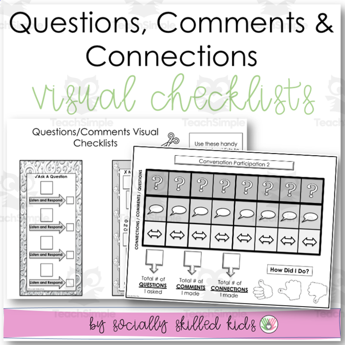An educational teaching resource from Socially Skilled Kids entitled Questions and Comments | Visual Checklists and Activities downloadable at Teach Simple.