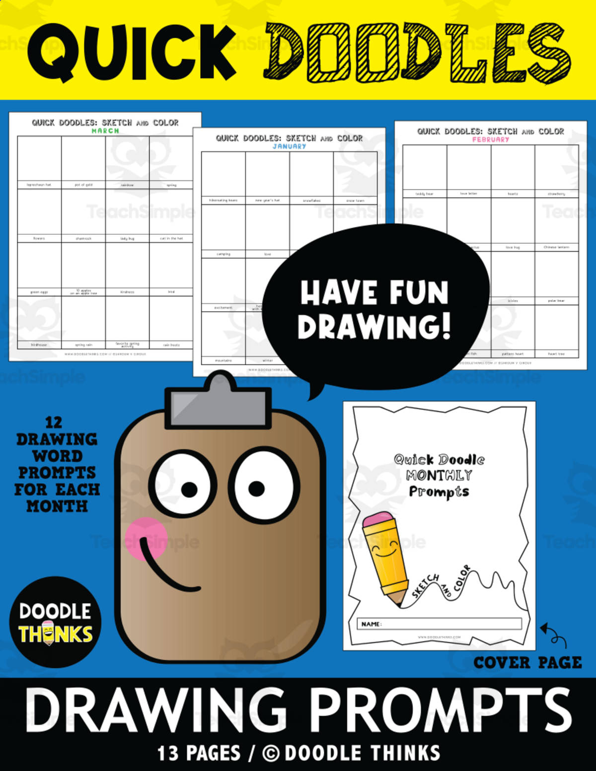 An educational teaching resource from Doodle Thinks entitled Quick Doodle Art Monthly Word Drawing Prompts downloadable at Teach Simple.