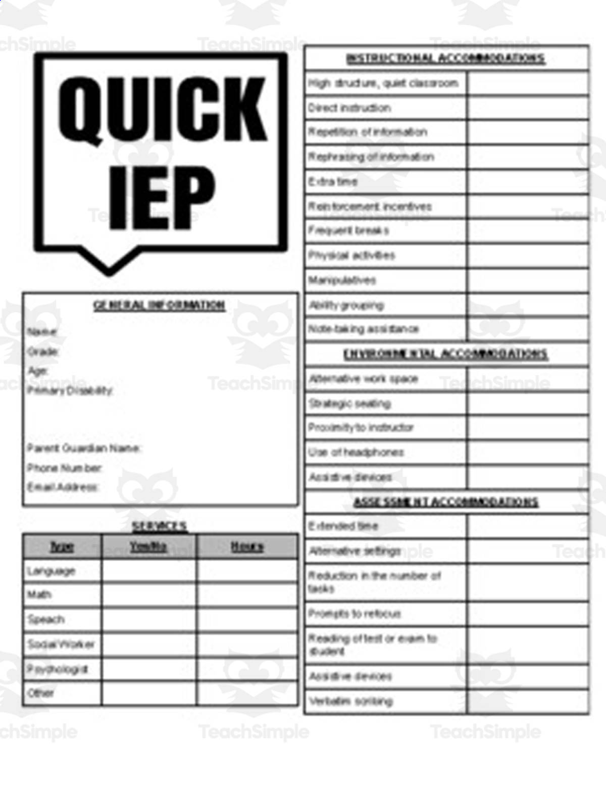 An educational teaching resource from Roombop entitled Quick IEP (Editable in Google Docs) downloadable at Teach Simple.