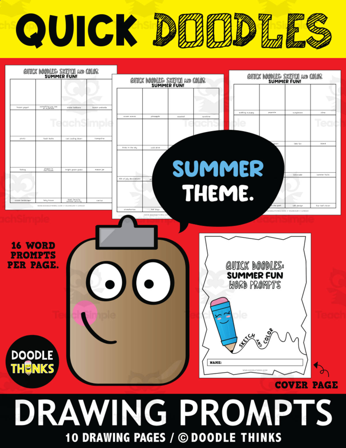 An educational teaching resource from Doodle Thinks entitled Quick Summer Doodle Art Word Drawing Prompts downloadable at Teach Simple.