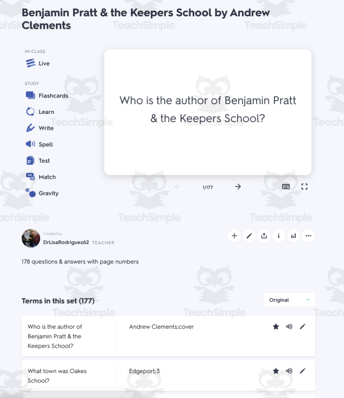 An educational teaching resource from Battle of the Books Quiz Center entitled Quizlet - Benjamin Pratt & the Keepers School by Andrew Clements downloadable at Teach Simple.