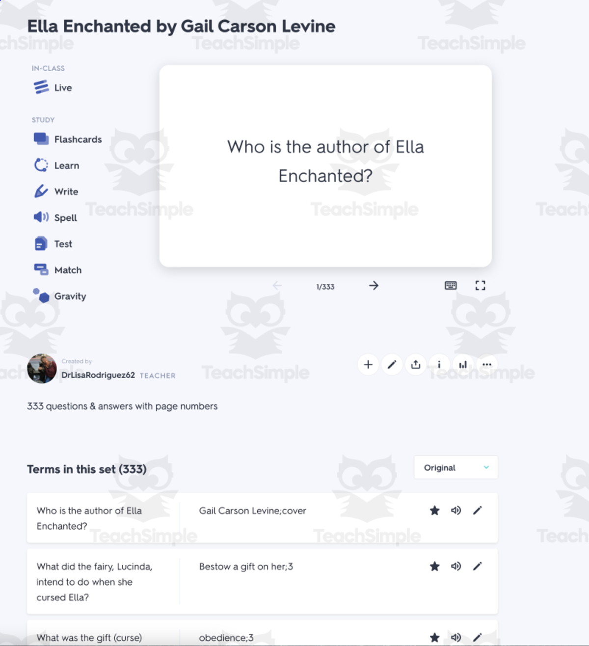 An educational teaching resource from Battle of the Books Quiz Center entitled Quizlet - Ella Enchanted downloadable at Teach Simple.