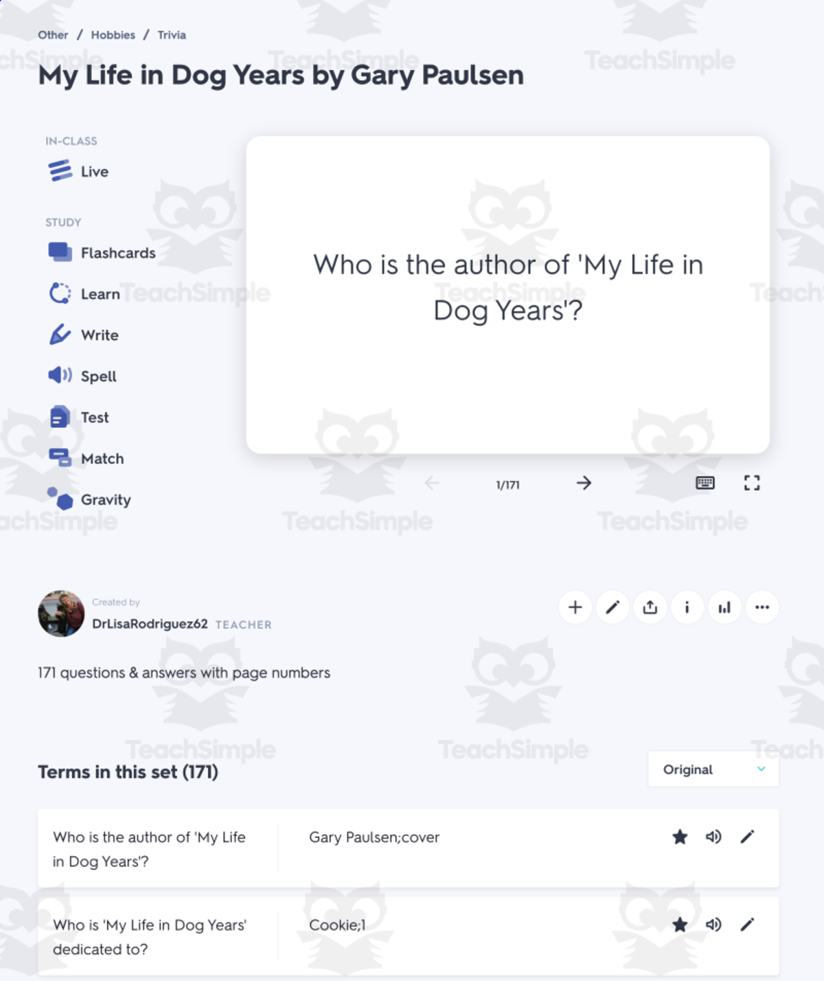 An educational teaching resource from Battle of the Books Quiz Center entitled Quizlet - My Life in Dog Years by Gary Paulsen downloadable at Teach Simple.